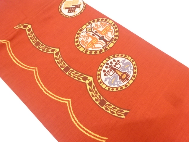 向かい動物に花更紗模様織出し名古屋帯